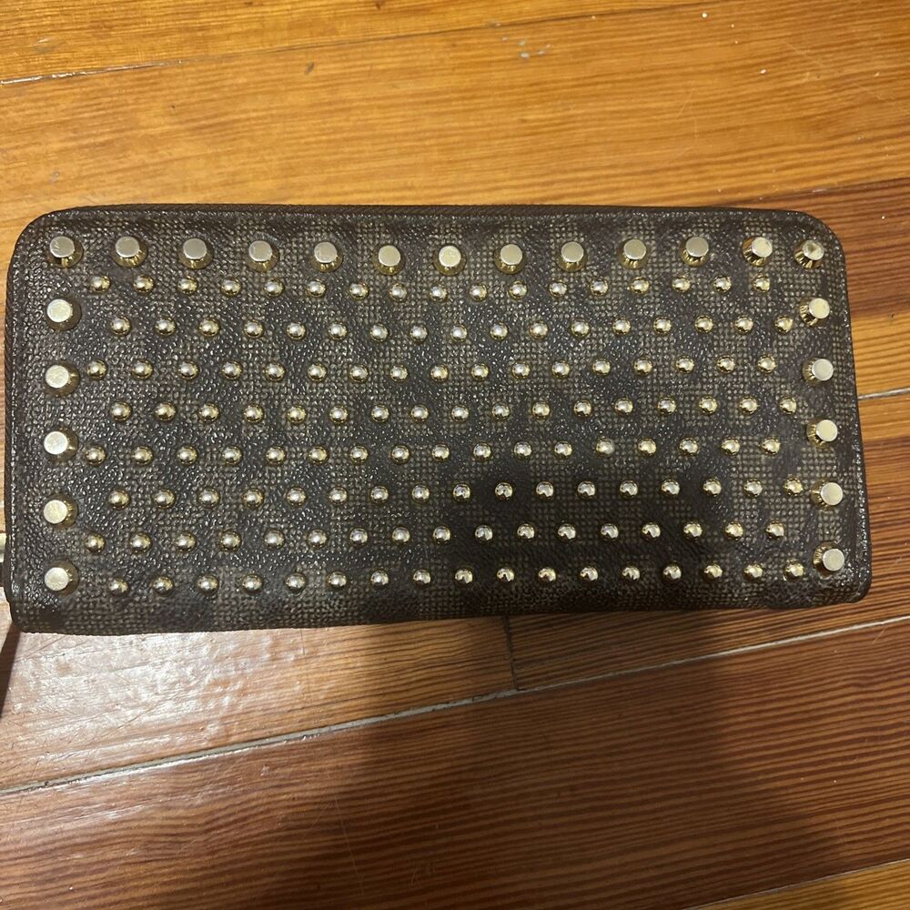 Michael Kors Wallet Brown Monogram Leather and Gold Studded Zip Wallet / Clutch